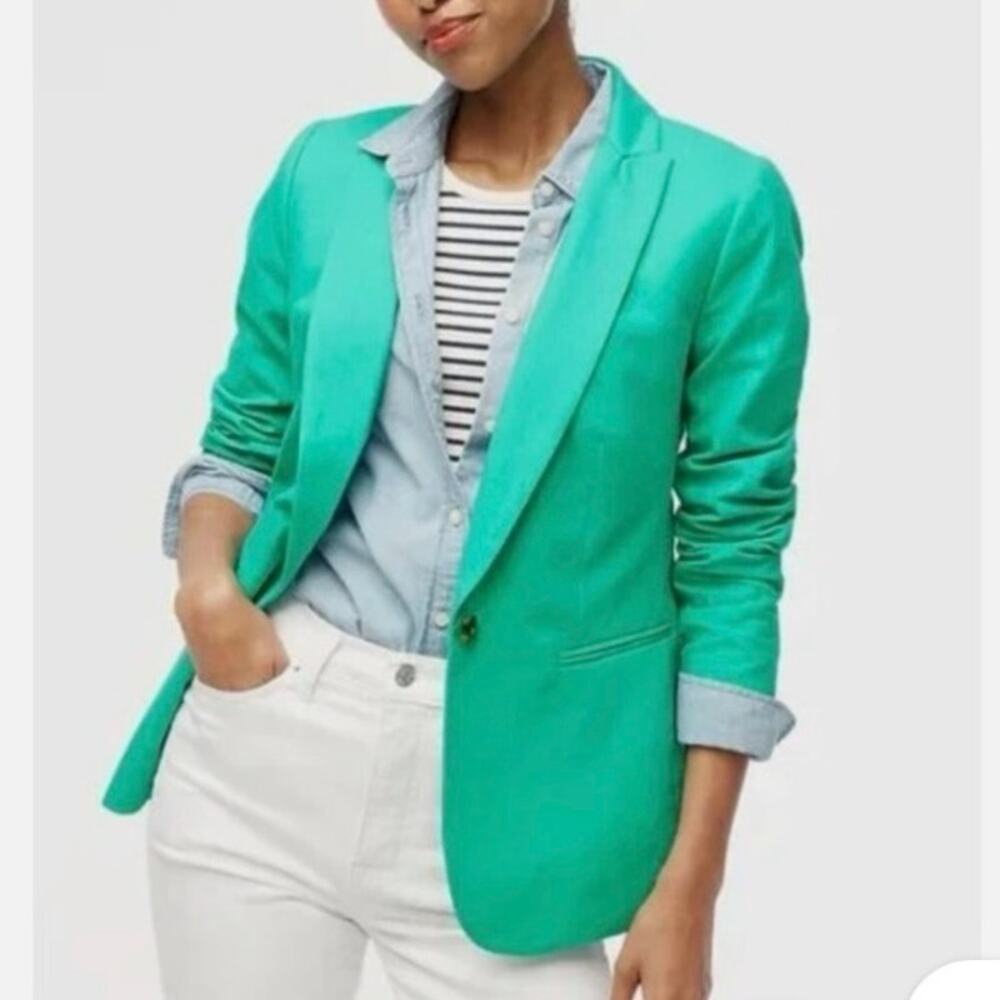 J.Crew Sz 10 Tall Linen Regent Blazer in Green Worn Read